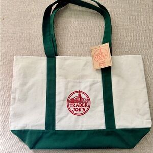 Trader Joe's Green and White Canvas Tote Bag